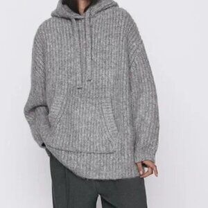 Zara Waffle Knit Kangaroo Hoodie Pocket Drop Shoulder Drawstring Hoodie Size Med